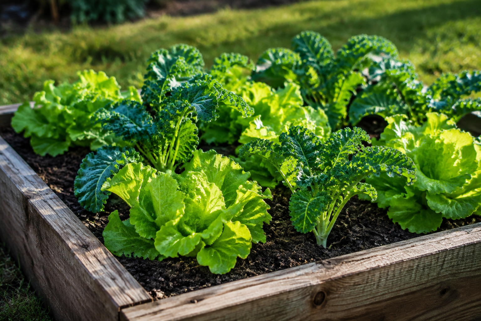 Leafy greens growing in a small wooden raised garden bed