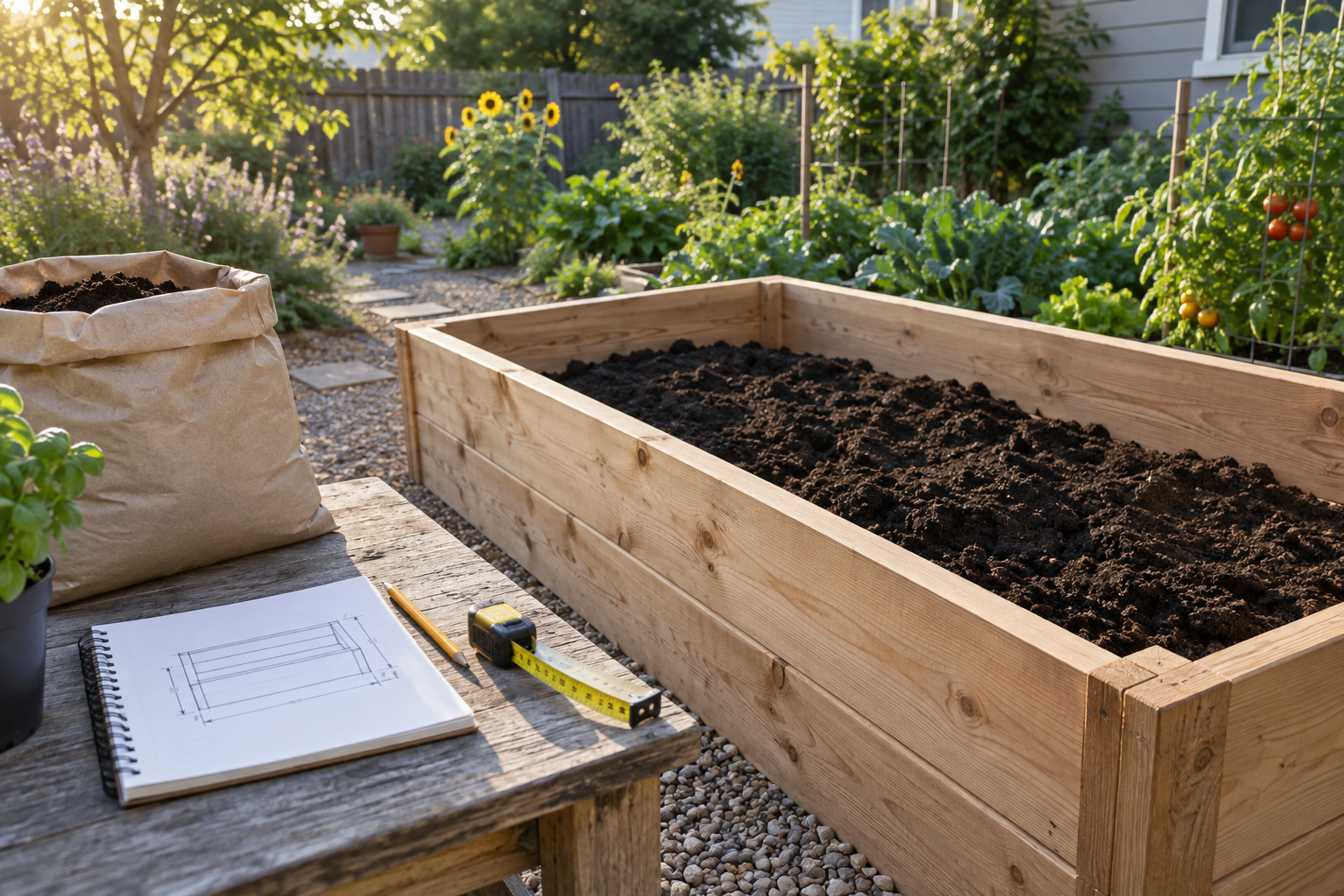 Wooden raised bed beside a notebook, pencil, soil bag and measuring tape in a garden